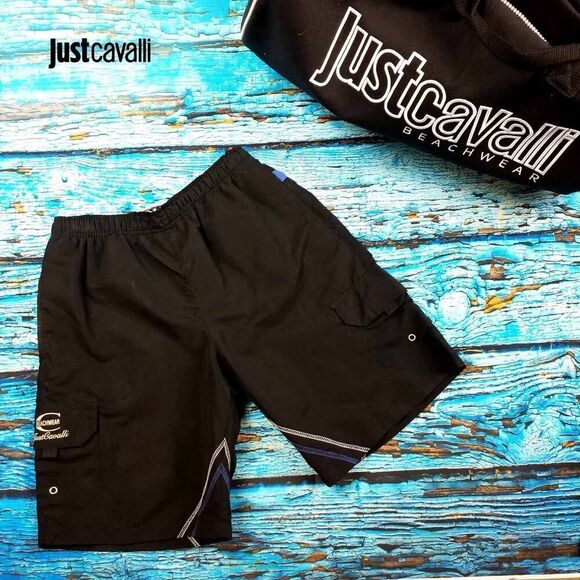 New Just Cavalli Men XXS / EU 44 Black Swim Board Shorts Trunks Side Pocket - Picture 1 of 6